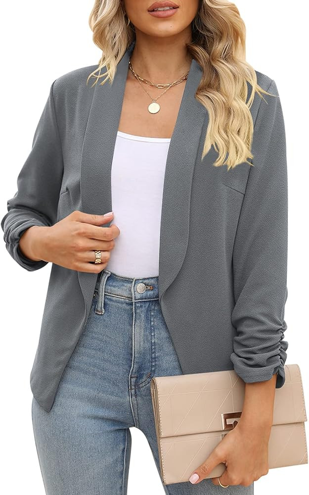 POGTMM Women 3/4 Sleeve Blazer Open Front Cardigan Jacket Work Office Blazer | Amazon (US)