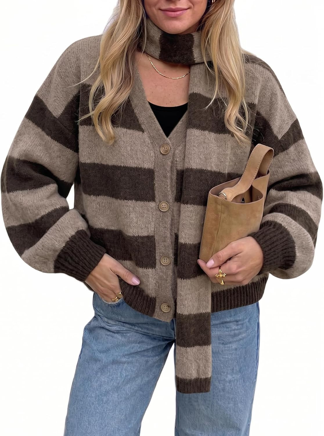Tankaneo Cardigan Sweaters for Women Oversized Striped Cardigans with Scarf | Amazon (US)