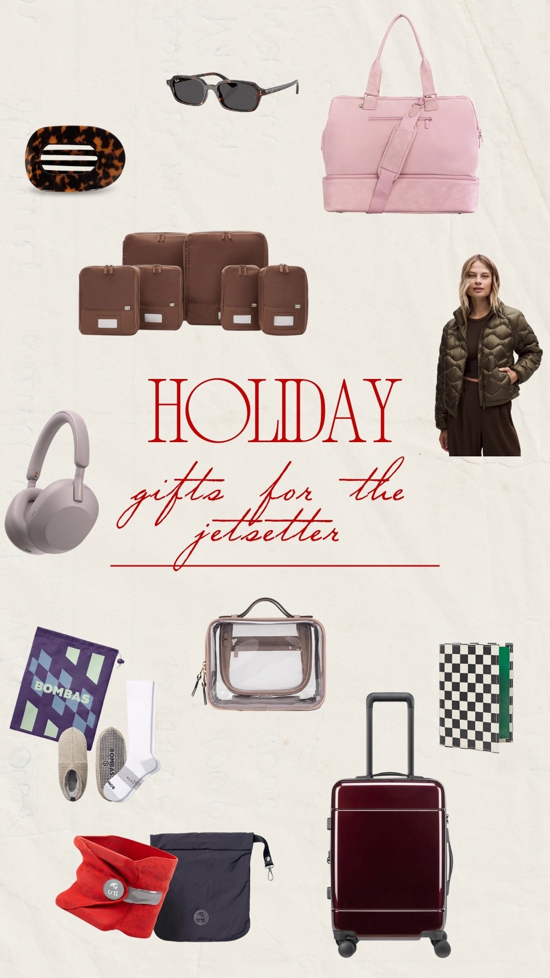 Holiday gifts for Jet Setter 🛩️🧳😎🕶️

Do you have a friend who is always on vacation on a random Tuesday and you find yourself thinking “where is she going now?!” These gifts are for her. 

•Ray-Ban sunglasses: practical and take up barely any space 
•Teleties Clip: it’ll lay flat during her plane naps!
•Weekender: it’ll look good holding all her goods
•Packing cubes: organize her stuff and let her pack more!
•packable jacket: it fits in a tiny travel bag
•headphones: she’ll use them on every flight/tram/bus/train
•cosmetic case: no spills! TSA approved!
•passport case: her government docs will be so cute 
•compression socks and slippers: she’ll appreciate you thinking about her circulation!
•neck pillow: she’ll be ready to hit the ground running after her overnight flight 
•carry on hard case: she’ll zip through those international airports 


#LTKHoliday #LTKFindsUnder100 #LTKGiftGuide