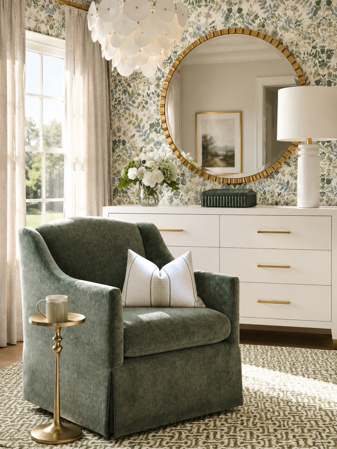 An elevated green inspired bedroom 

#bedroom #wallpaper #chair #dresser

#LTKHome #LTKSaleAlert
