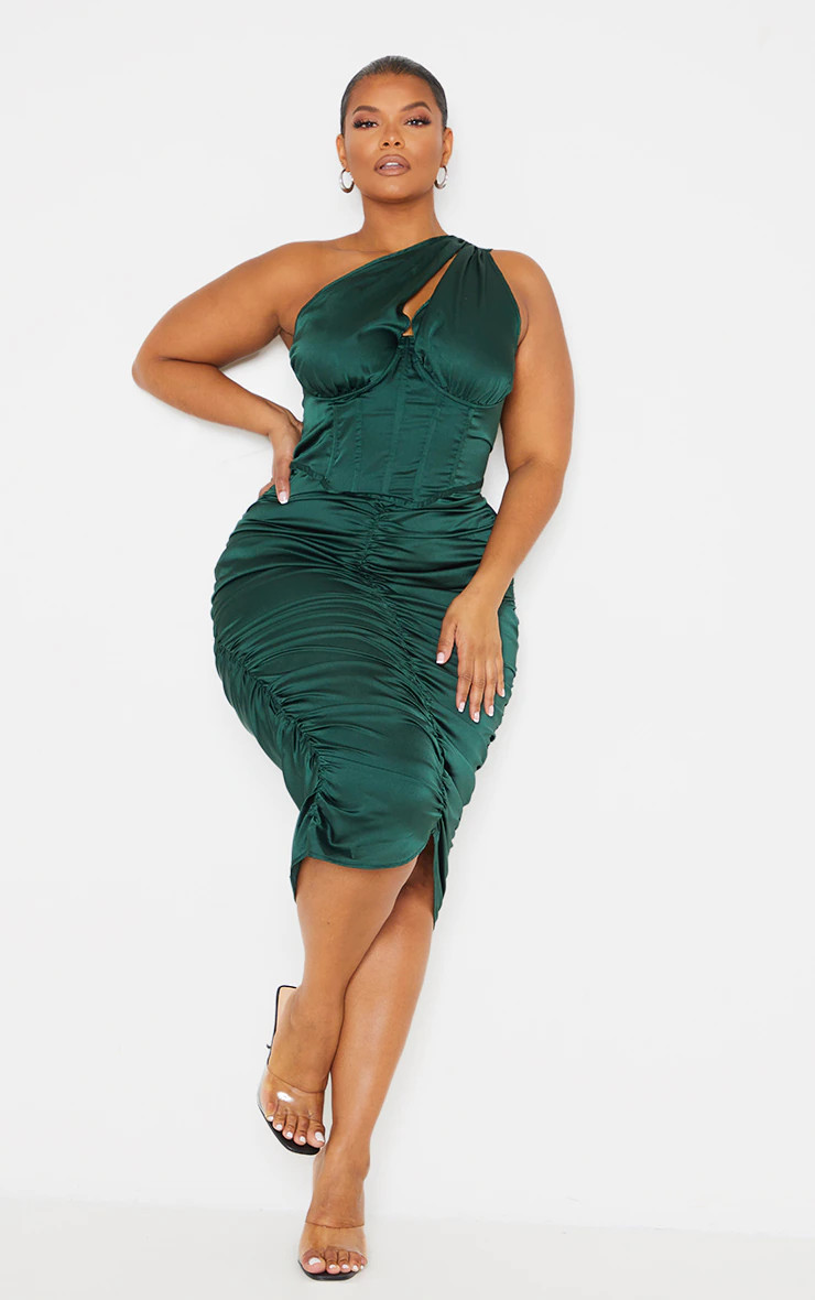 Plus Emerald Green One Shoulder Corset Ruched Satin Midi Dress | PrettyLittleThing UK