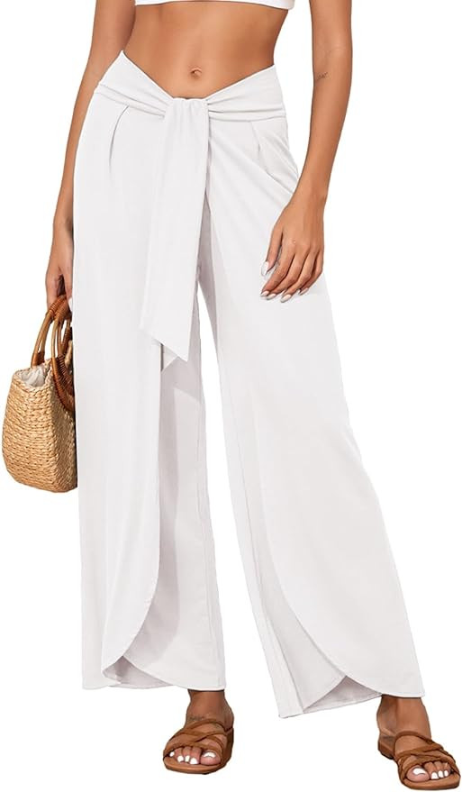 Herseas Womens Beach Pants Split Wide Leg Beach Cover Up Pants Palazzo Flowy Casual Lounge Pants | Amazon (US)