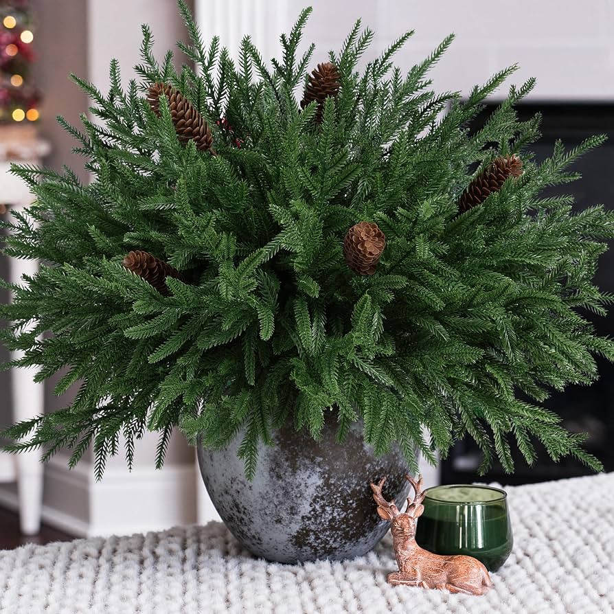 HyeFlora 19 Inch Christmas Norfolk Pine Stems, 12PCS Real Touch Faux Cedar Pine with 5PCS Big Pin... | Amazon (US)