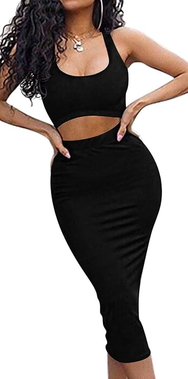 GOBLES Women's Sexy Summer Outfits Bodycon Tank Top Midi Skirt 2 Piece Dress | Amazon (US)