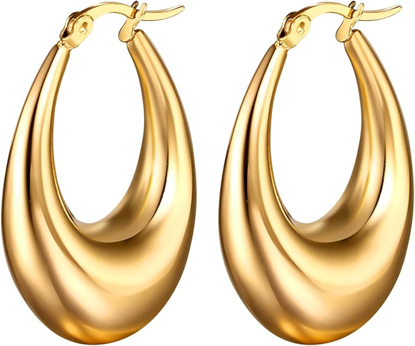 Gold Oval Hoop Earrings for Women: Stainless Steel Thick Chunky Huggie Hoop Piercing Drop Stateme... | Amazon (US)