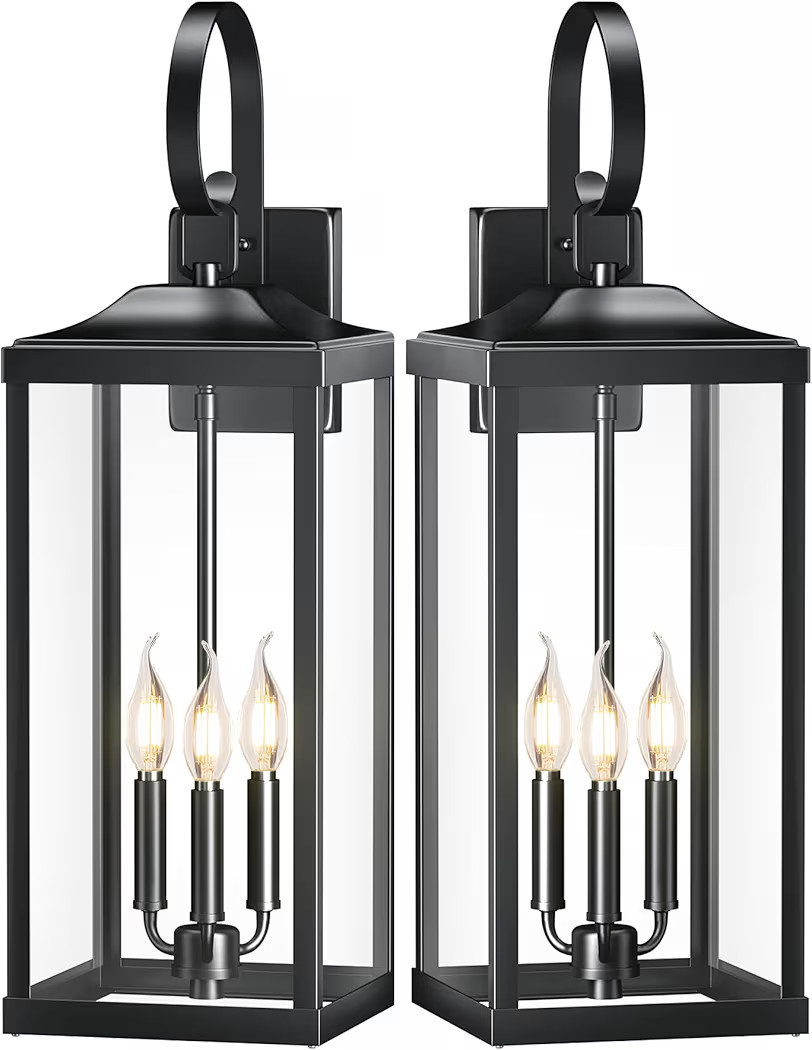 2 Packs 24" Extra Large Outside Wall Light Fixture 3-Light, Black Outdoor Porch Lantern Wall Moun... | Amazon (US)