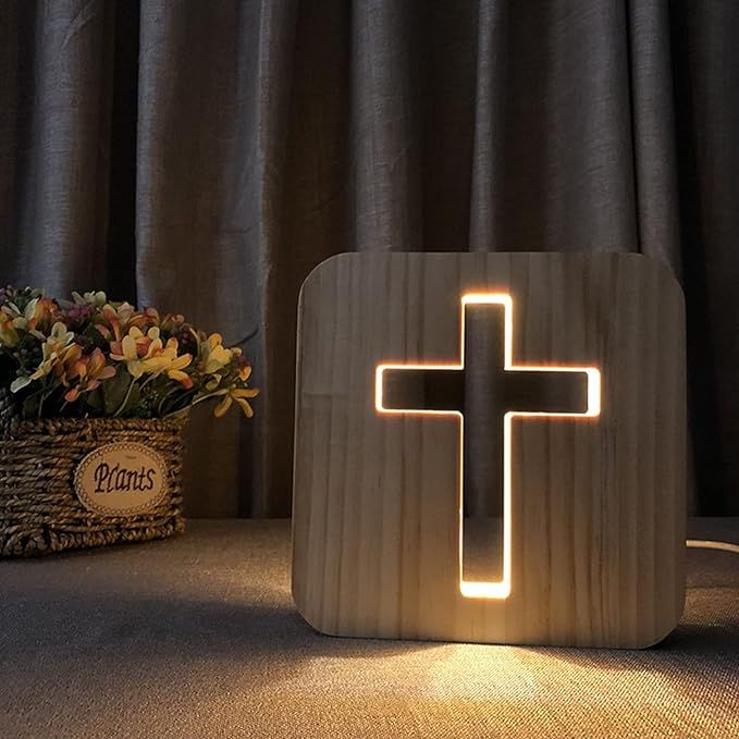 Cross Shaped Wood Bedside Lamp, Jesus Cross 3D LED Optical Night Light, Personalized Room Decor B... | Amazon (US)