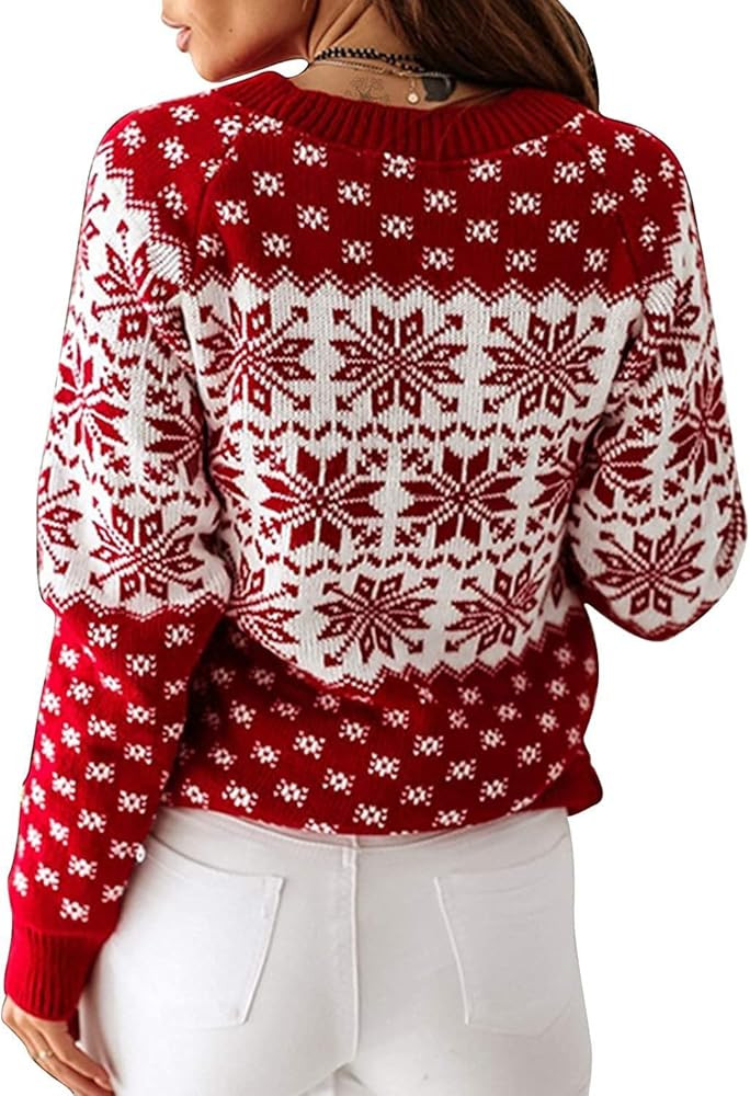 ZAFUL Women's Christmas Snowflake Reindeer Knitted Sweater Long Sleeve Crew Neck Heart Animal Pri... | Amazon (US)