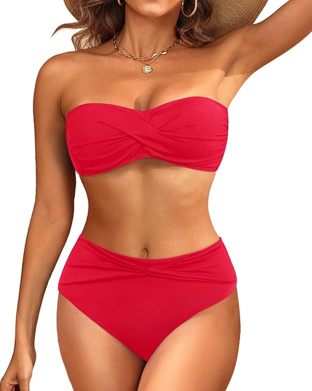Tempt Me Women Bandeau Bikini Set Twist Strapless Two Piece Swimsuit High Cut High Waisted Bathin... | Amazon (US)