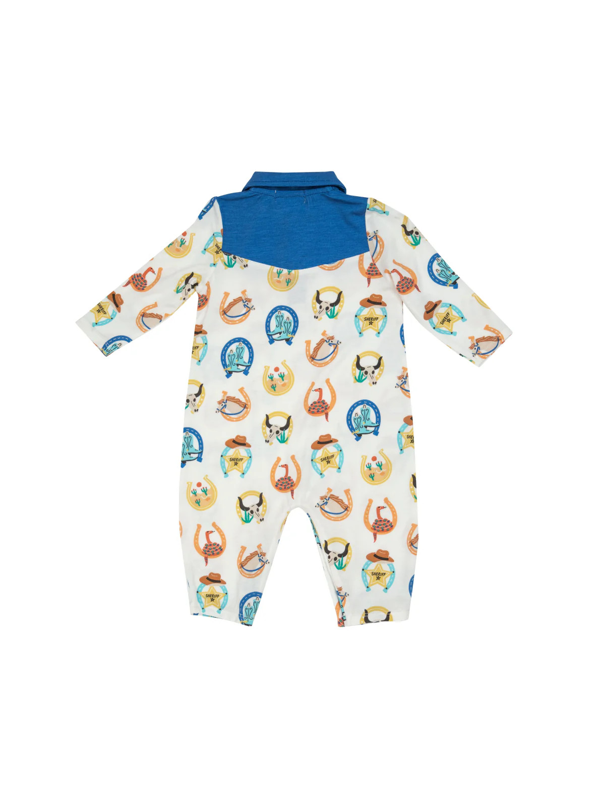 Long Sleeve Cowboy Romper, Western Horseshoes Blue | SpearmintLOVE