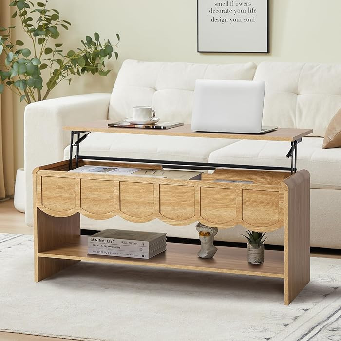 Lift Top Coffee Table with Hidden Compartment, 2 Tier Wooden Center Table with Wave Panel, Modern... | Amazon (US)