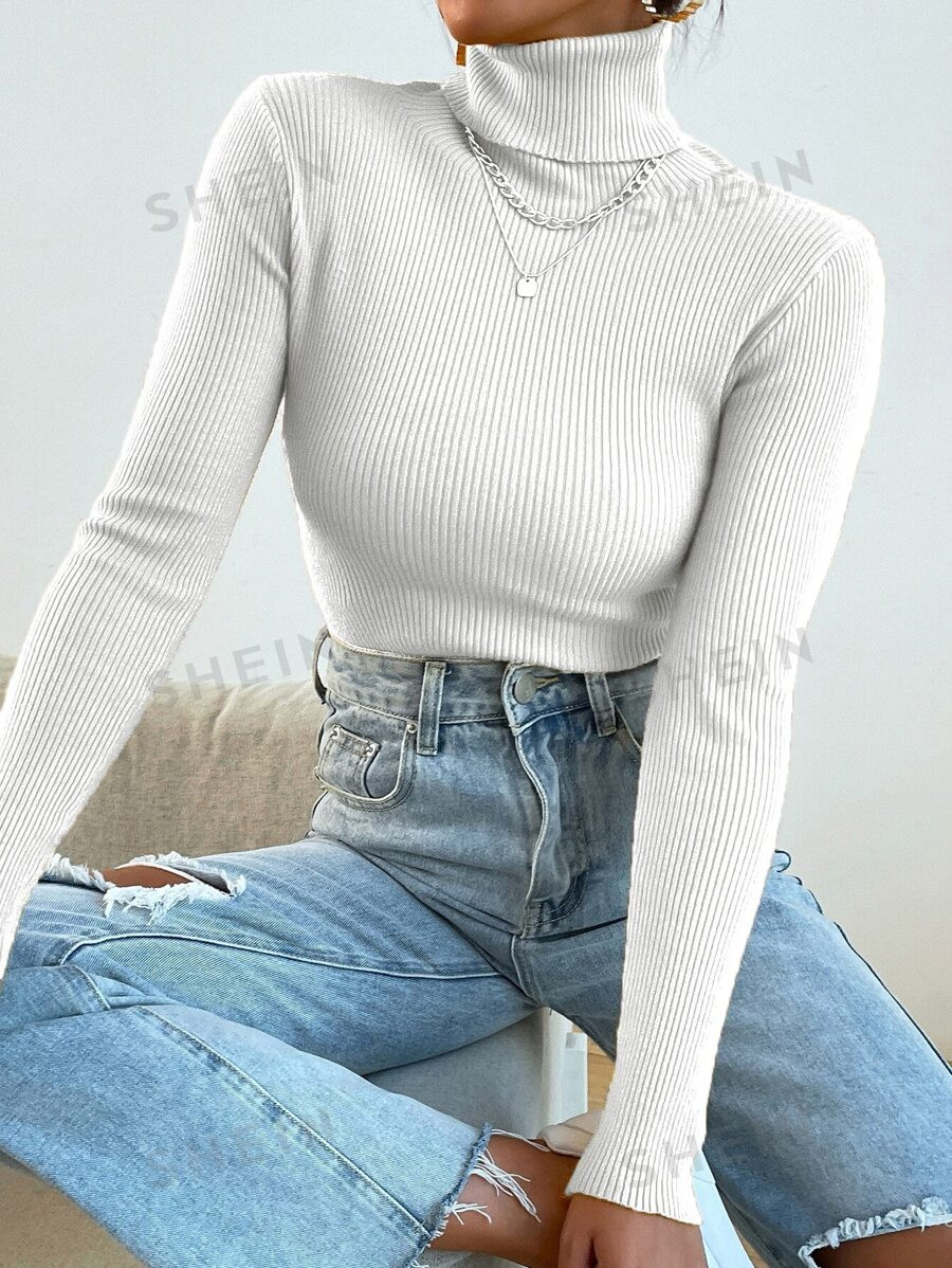 SHEIN Mulvari Turtleneck Ribbed Knit Sweater Without Necklace | SHEIN