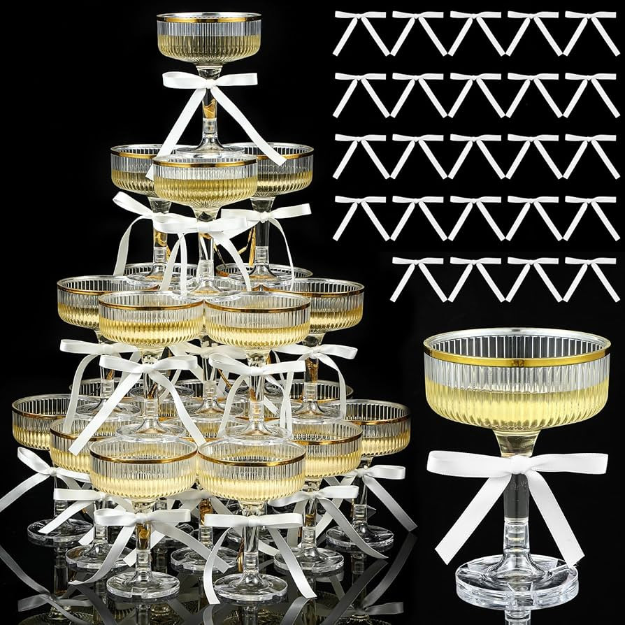 Set of 24 Plastic Champagne Coupe Glasses with Bows 7 oz Gold Champagne Tower Set Unbreakable Acr... | Amazon (US)