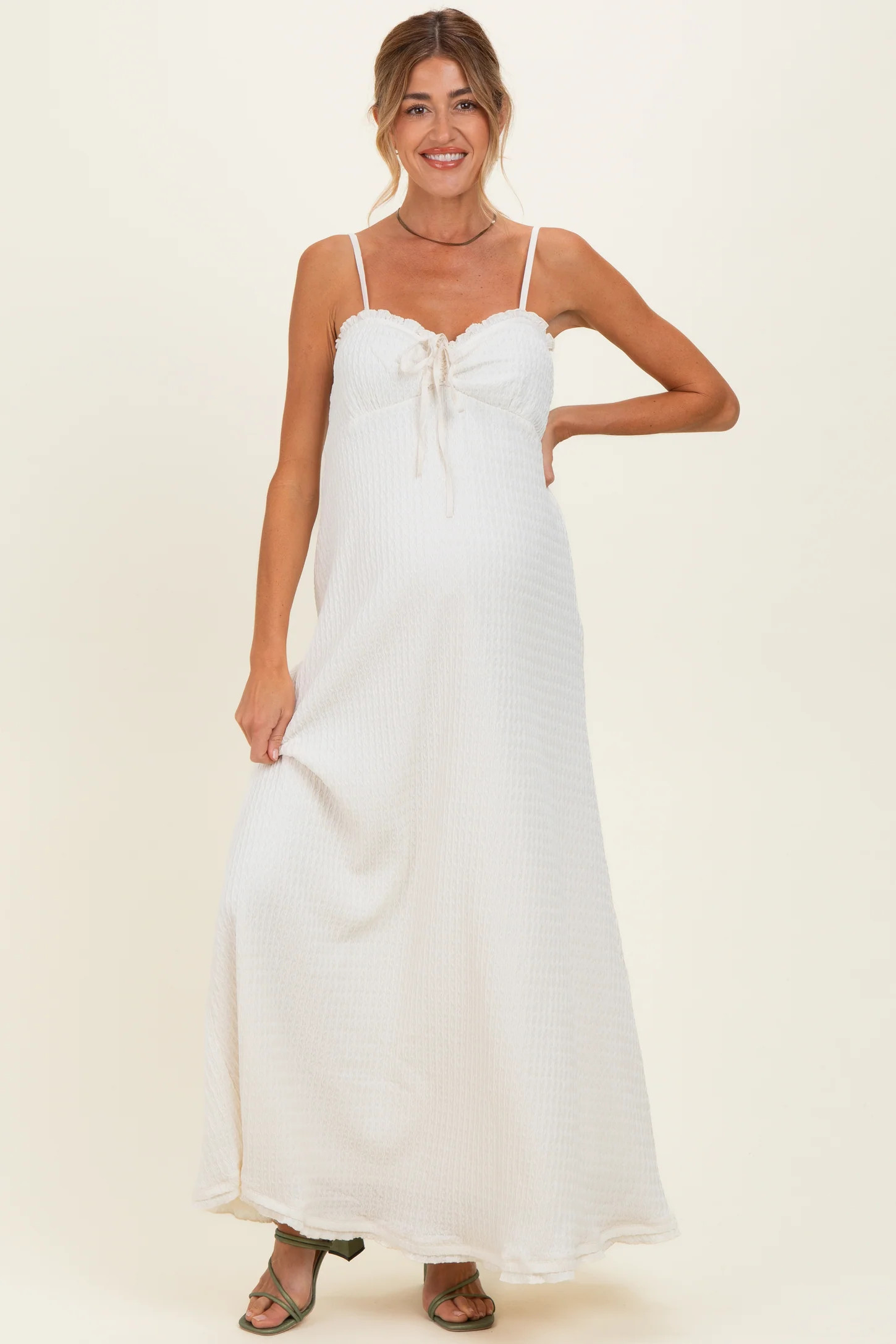 White Waffle Knit Sweetheart Neckline Sleeveless Maternity Maxi Dress | PinkBlush Maternity