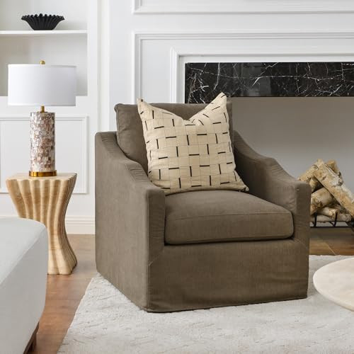 KINWELL 28" Wide Upholstered Down Fill Slipcovered Swivel Barrel Chair, Modern Comfy Swivel Accent Chair with Pillow Back for Living Room, Bedroom, Fully Assembled (Brown) | Amazon (US)
