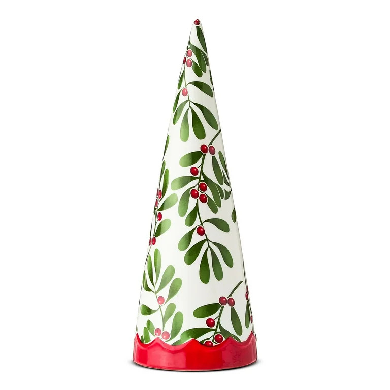 Ceramic Holly and Berries Christmas Tree Tabletop Decoration, White/Green/Red, 10", by Holiday Ti... | Walmart (US)