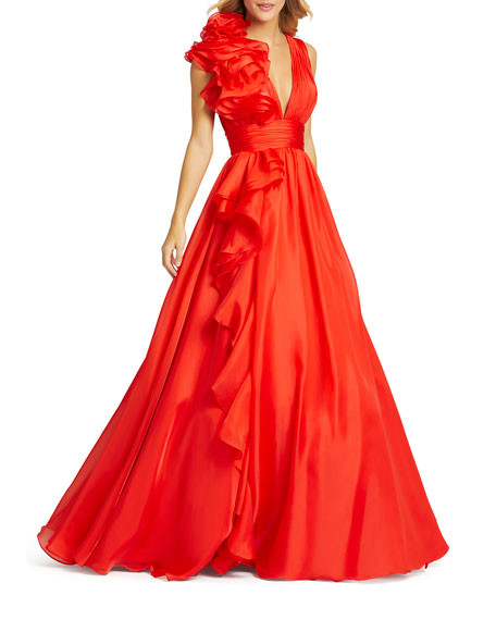 Mac Duggal Sleeveless Floral Ruffle Ruched Chiffon Ball Gown | Neiman Marcus