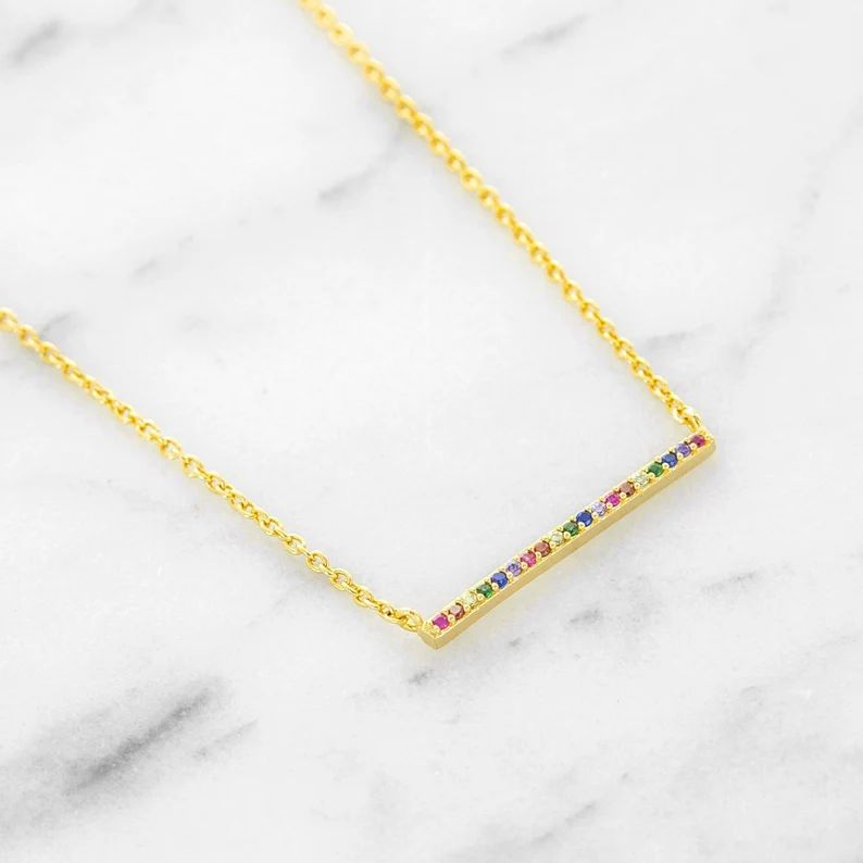 Rainbow Bar Necklace - Line Charm Necklace - Dainty Multi-Colored CZ Jewelry - Delicate Pave Bar ... | Etsy (US)