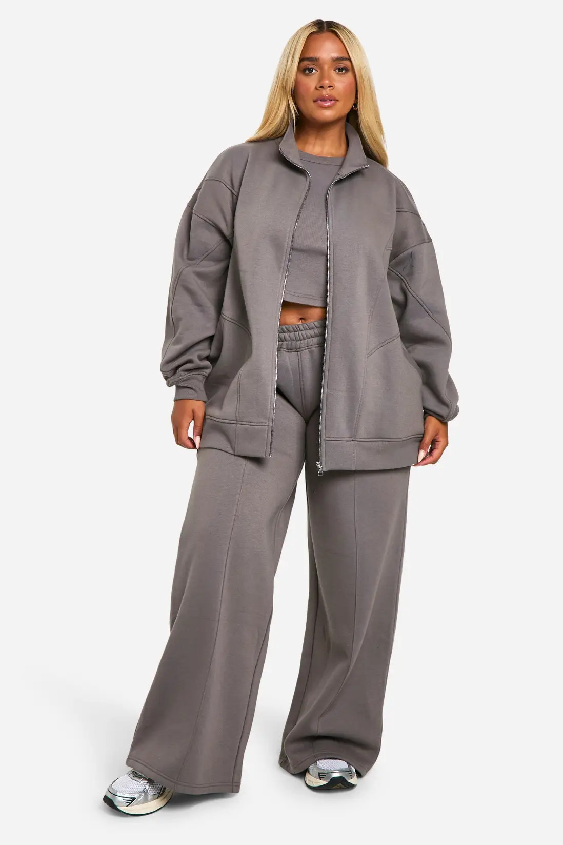 Charcoal Plus Seam Detail Zip Through 3 Piece Tracksuit | Boohoo USA | boohoo (US & Canada)