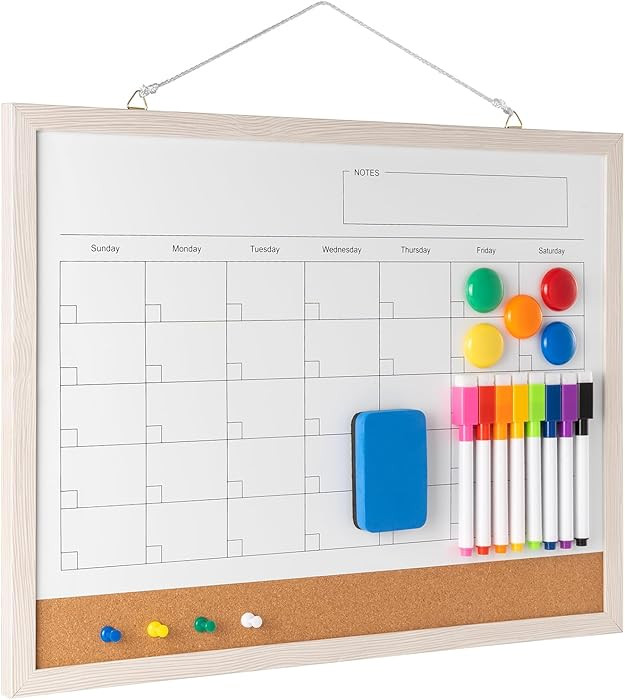 Dry Erase Calendar Whiteboard, 17" x 13" Magnetic Whiteboard Cork Board Combo, Reusable Monthly P... | Amazon (US)