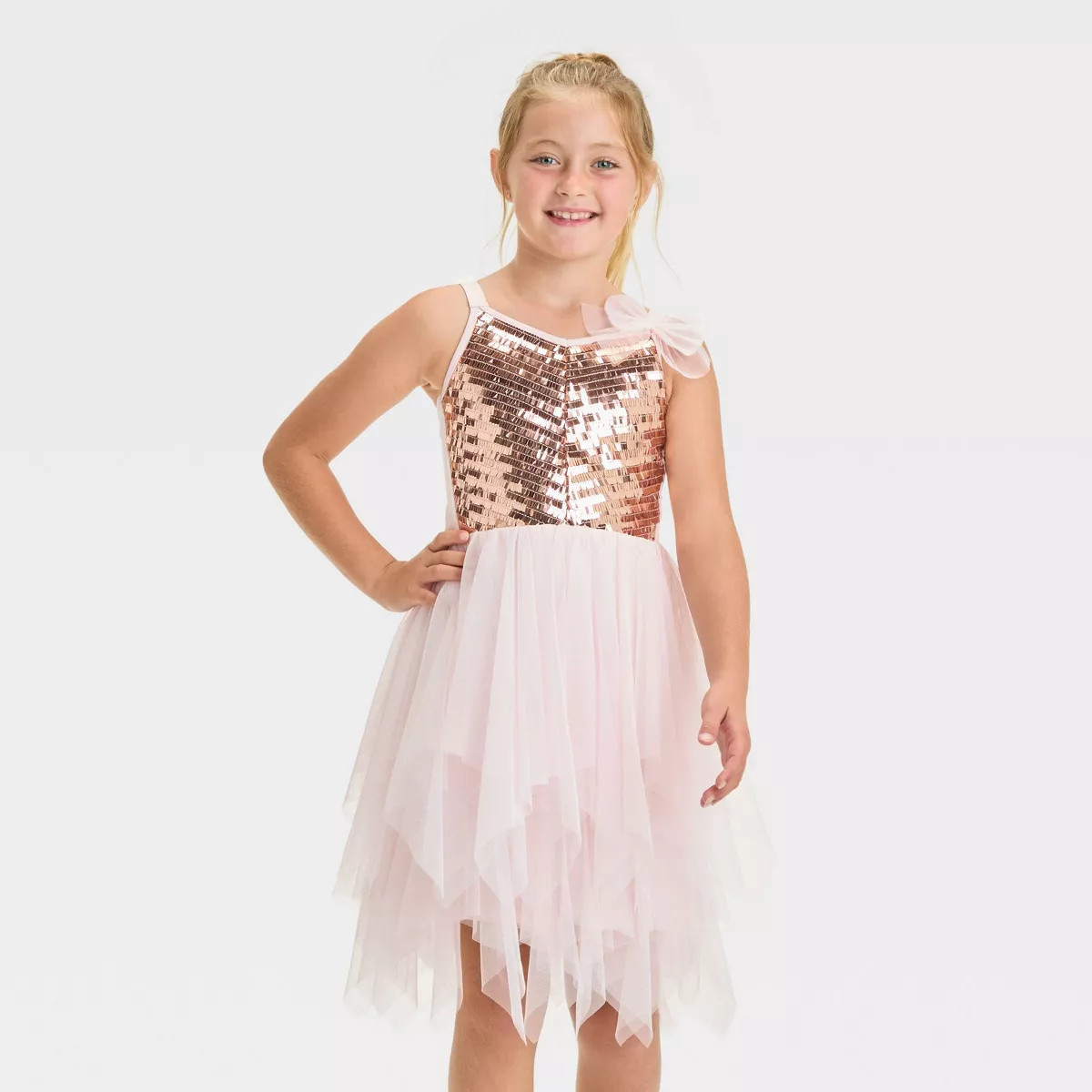 Zenzi Girls' Satin Strap Sequin Bodice Tulle Skirt Dress - Rose Gold | Target