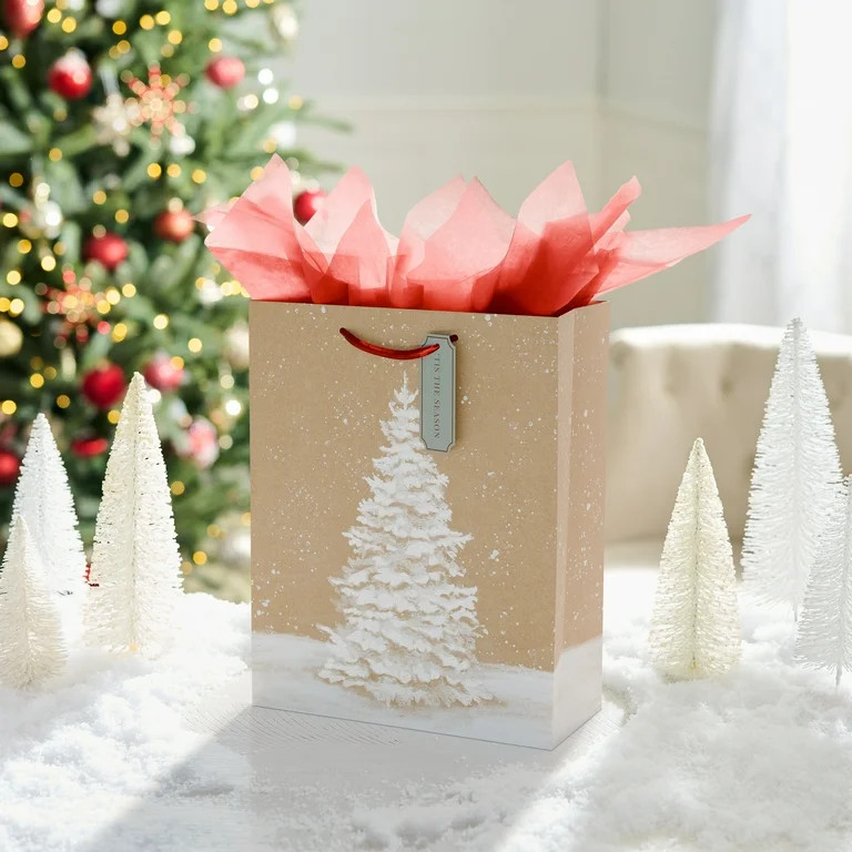 Large Kraft Snowy Pine Tree Christmas Paper Gift Bag, 10" x 4.5" x 12.75", by Holiday Time | Walmart (US)