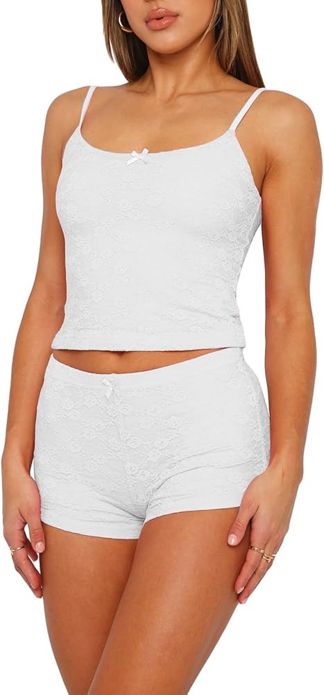 Women Y2k Pajamas Sets 2 Piece Outfits Sleeveless Lace Camisole and Shorts Lounge Set Sleepwear | Amazon (US)