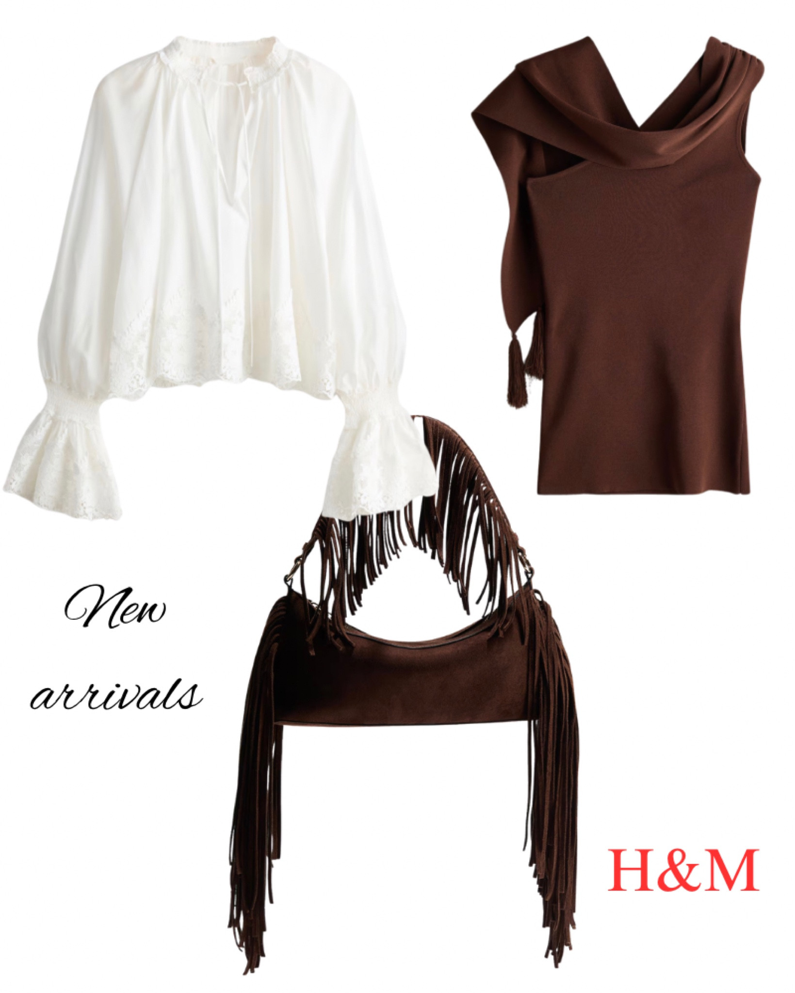 H&M new arrivals. I love this brown fringe purse and this brown blouse has tassels on it that are hard to see in the picture that are really unique. White Bell lead blouse, lace, spring, summer, long sleeve.

#LTKootd