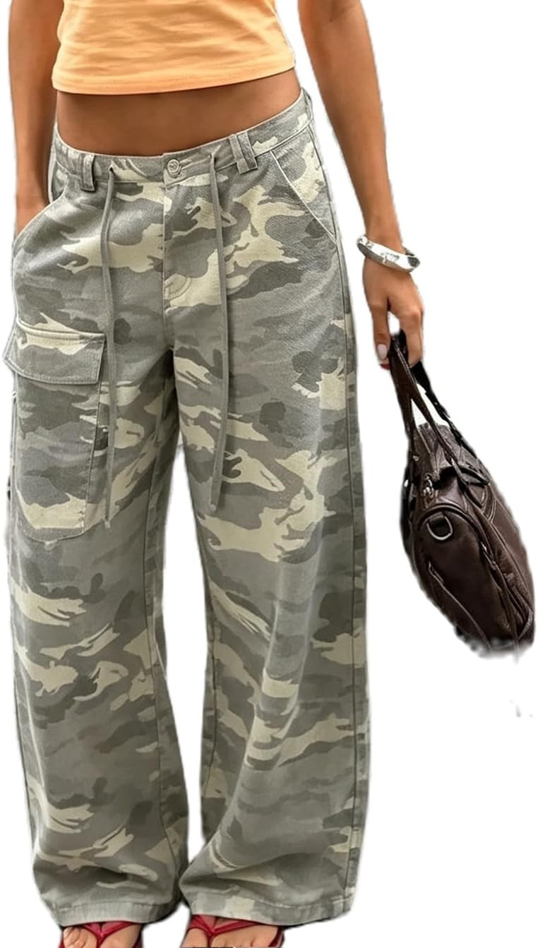 Mxiqqpltky Camo Cargo Jeans for Women Y2K Drawstring Wide Leg Denim Pants | Amazon (US)