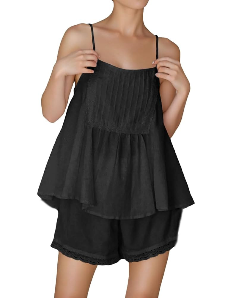 Womens Summer 2 Piece Set Sleeveless Tie Straps Ruffle Trim Top and Shorts Sets Soft Cozy Pajamas... | Amazon (US)