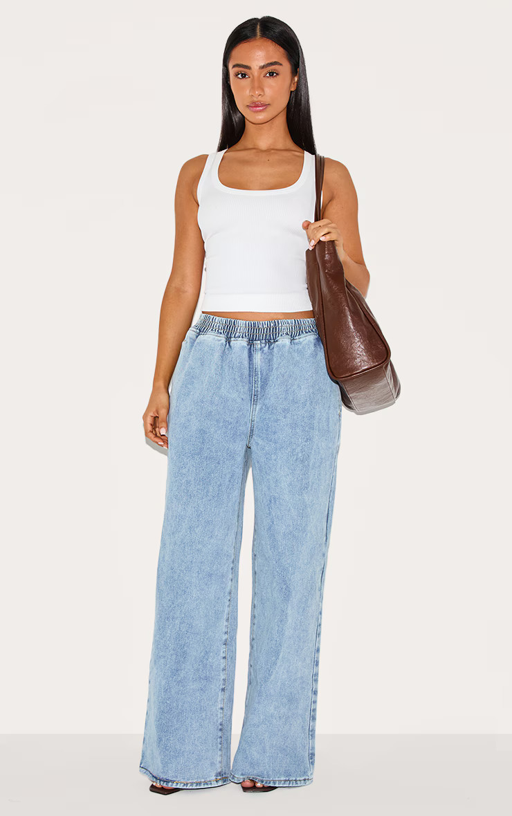 Petite Light Blue Wash Elasticated Wide Leg Jeans | PrettyLittleThing US