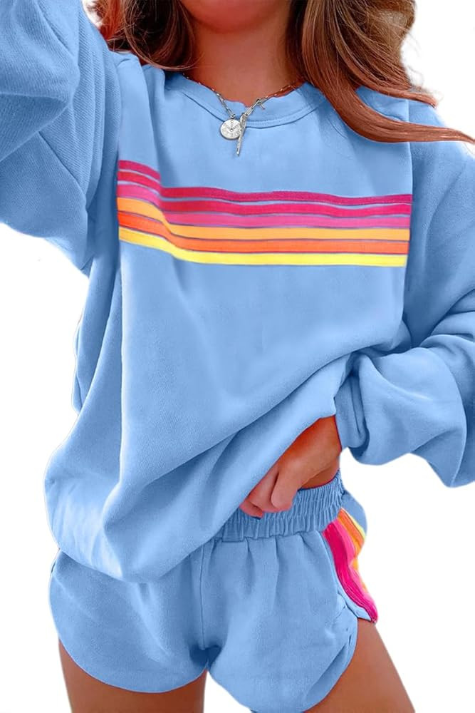 Melliflo Sweatsuits Women 2 Piece Outfit Striped Oversized Sweatshirt Comfy Short Sets Fall Loung... | Amazon (US)