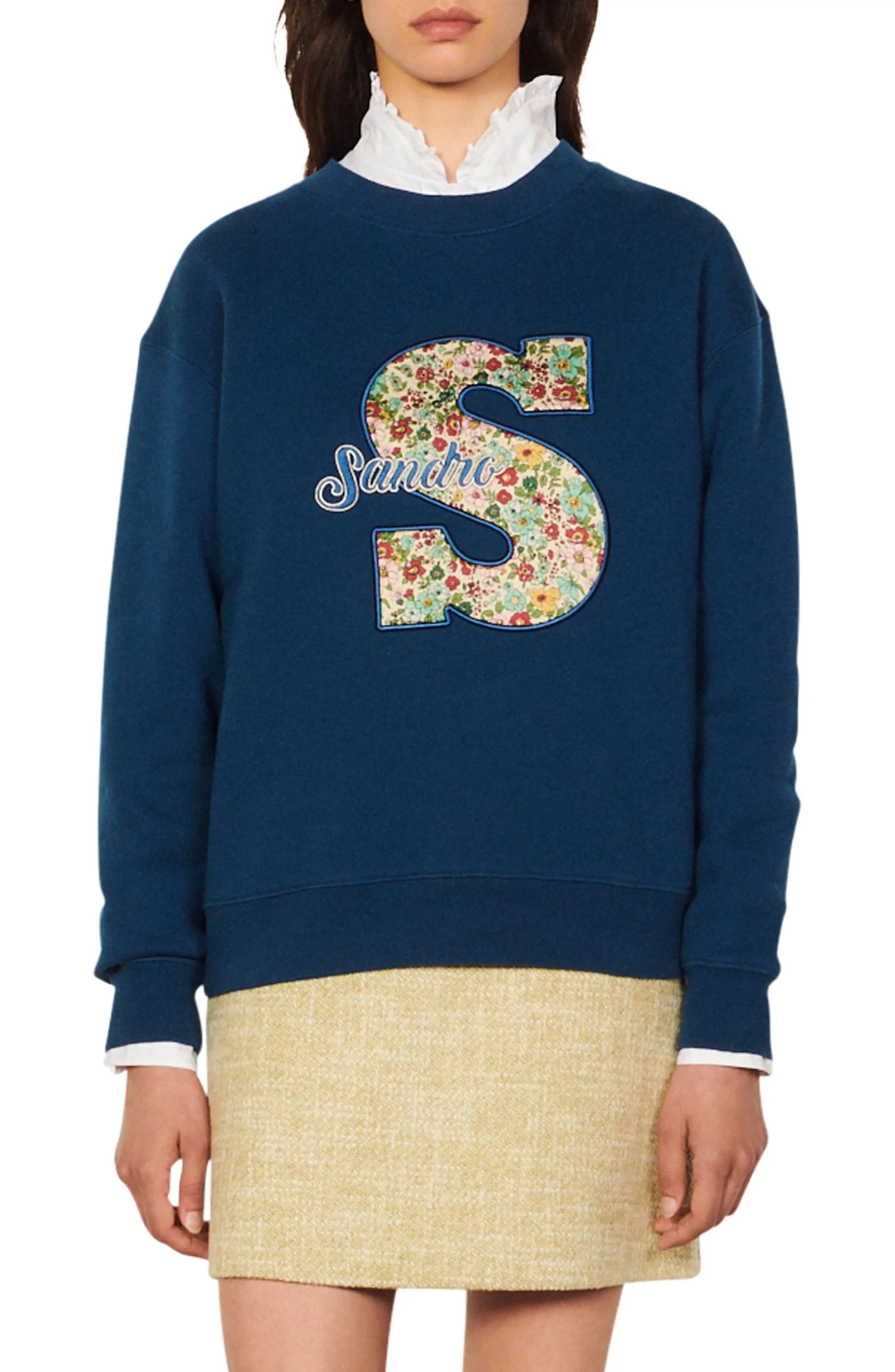 sandro Paulo Cotton Sweatshirt, Size 3 in Blue at Nordstrom | Nordstrom