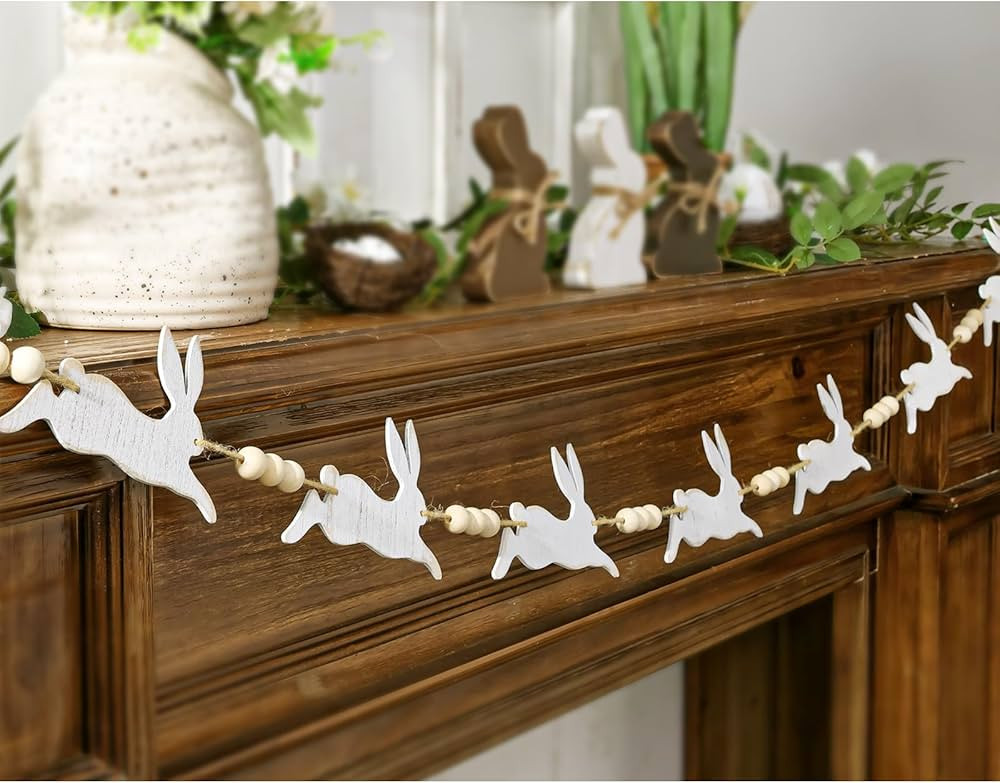 Easter Garland Decorations: Cute Bunny Easter Garland with Wood Beads, Rustic Easter Banner White... | Amazon (US)