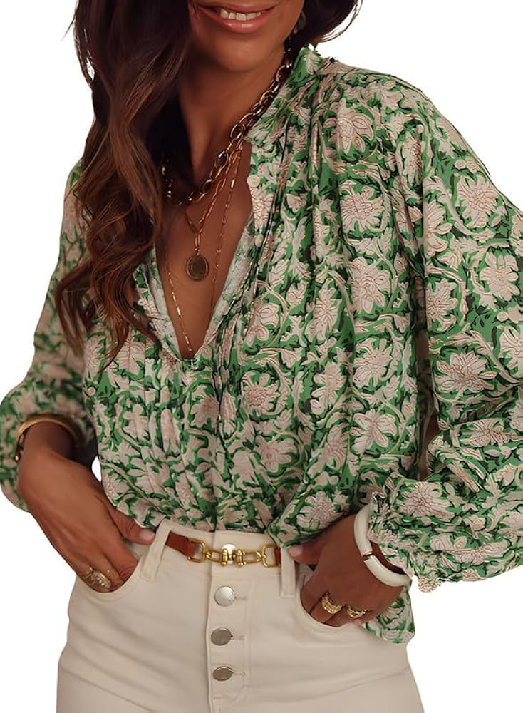 SHEWIN Women's Spring Tops Casual V Neck Long Sleeve Shirts Floral Boho Blouses | Amazon (US)