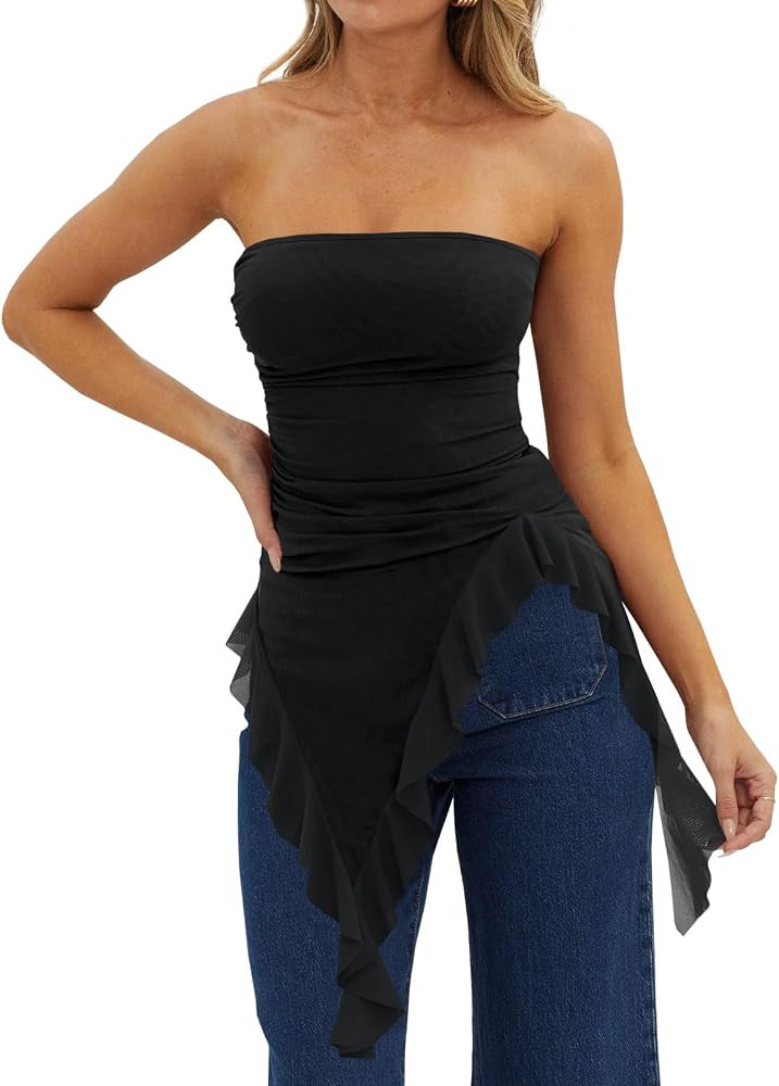 Womens Strapless Tube Tops Summer Asymmetrical Long Ruched Mesh Shirts Cute Y2k Ruffle Hem Going ... | Amazon (US)