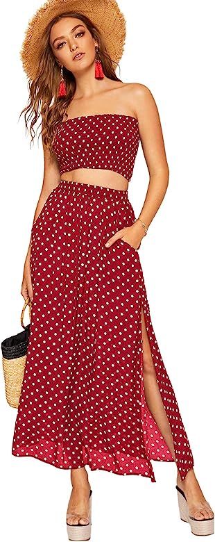 Floerns Women's 2 Piece Outfit Polka Dots Crop Top and Long Skirt Set with Pockets | Amazon (US)