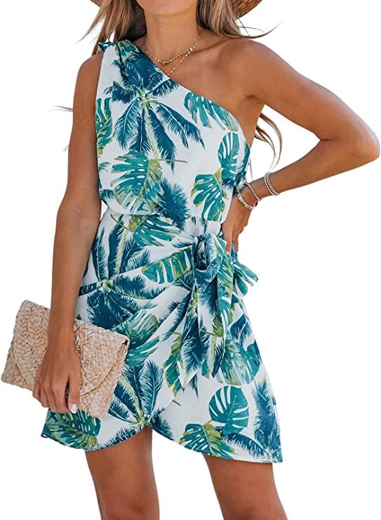 CUPSHE Women's One Shoulder Leaf Print Self-tie Short Dress Sleeveless Tiered Hem Formal Dress Ca... | Amazon (US)