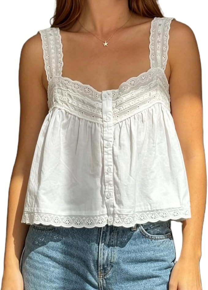 Mxiqqpltky﻿ Womens Eyelet Lace Tank Tops Y2k Sleeveless Flowy Ruffle Vest Summer Boho Button Do... | Amazon (US)