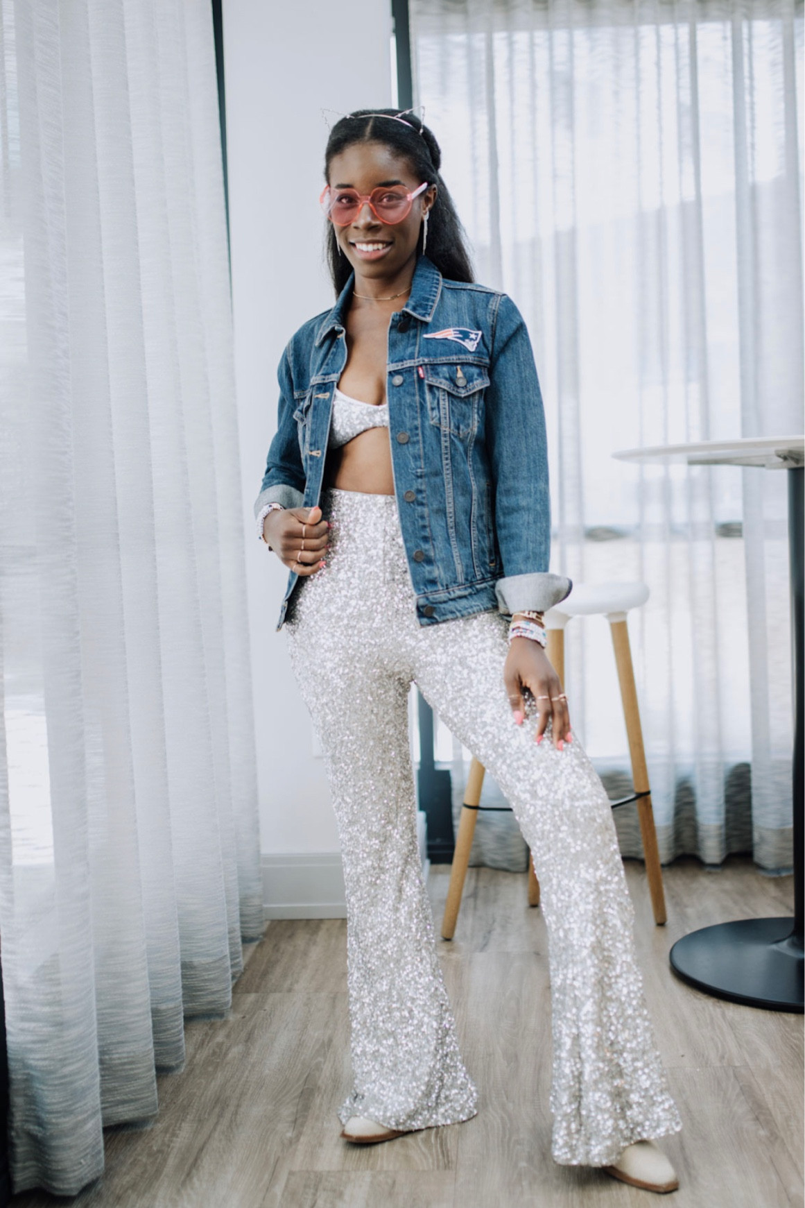 What I wore to see Taylor Swift The Eras Tour at Gillette Stadium! High waist sequin pants, matching bralette and my Levi’s New England Patriots dark denim jean jacket 

#LTKFind #LTKstyletip #LTKunder100