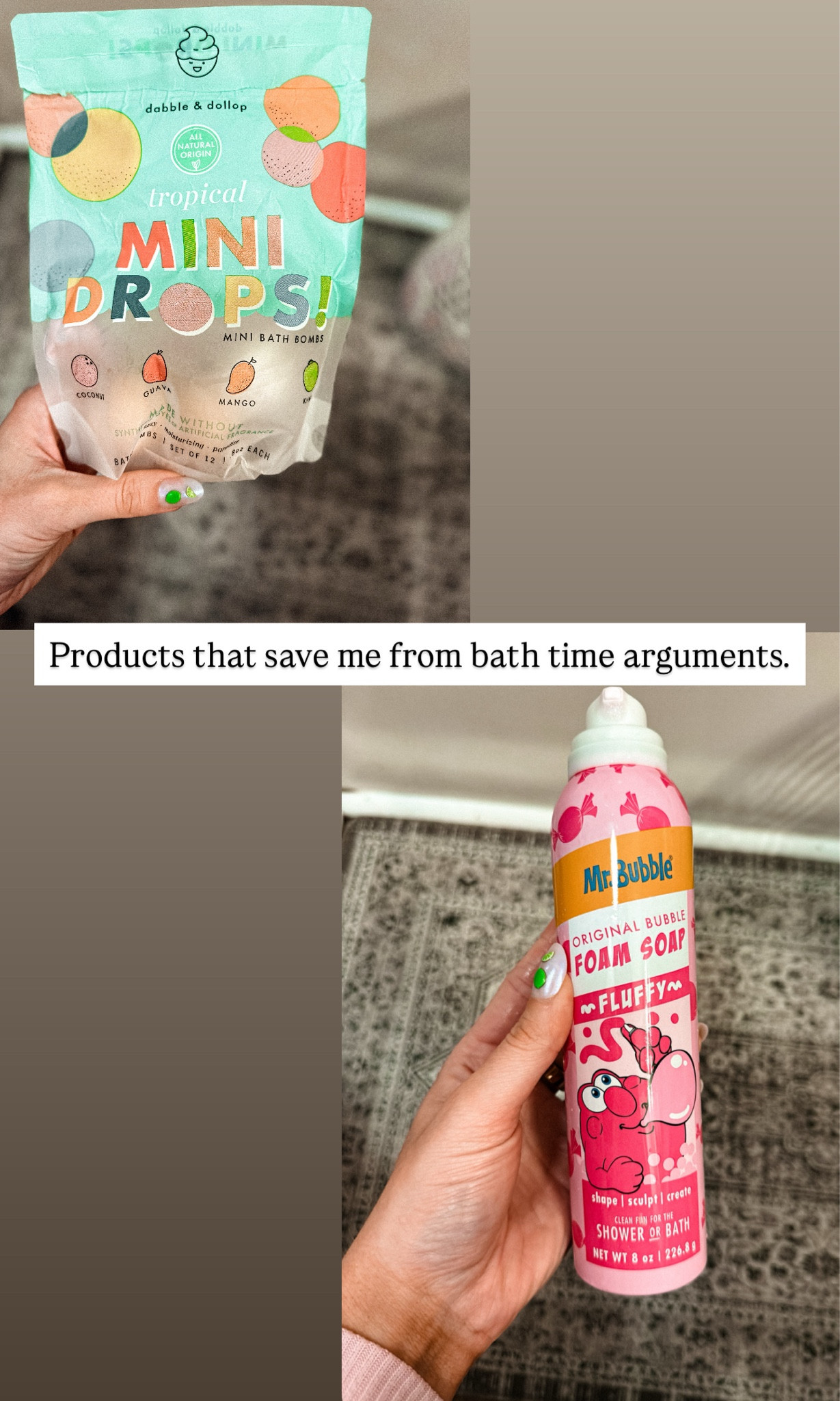 The bath bombs smell amazing!! The foam soap is such an easy clean up and keeps her entertained! 