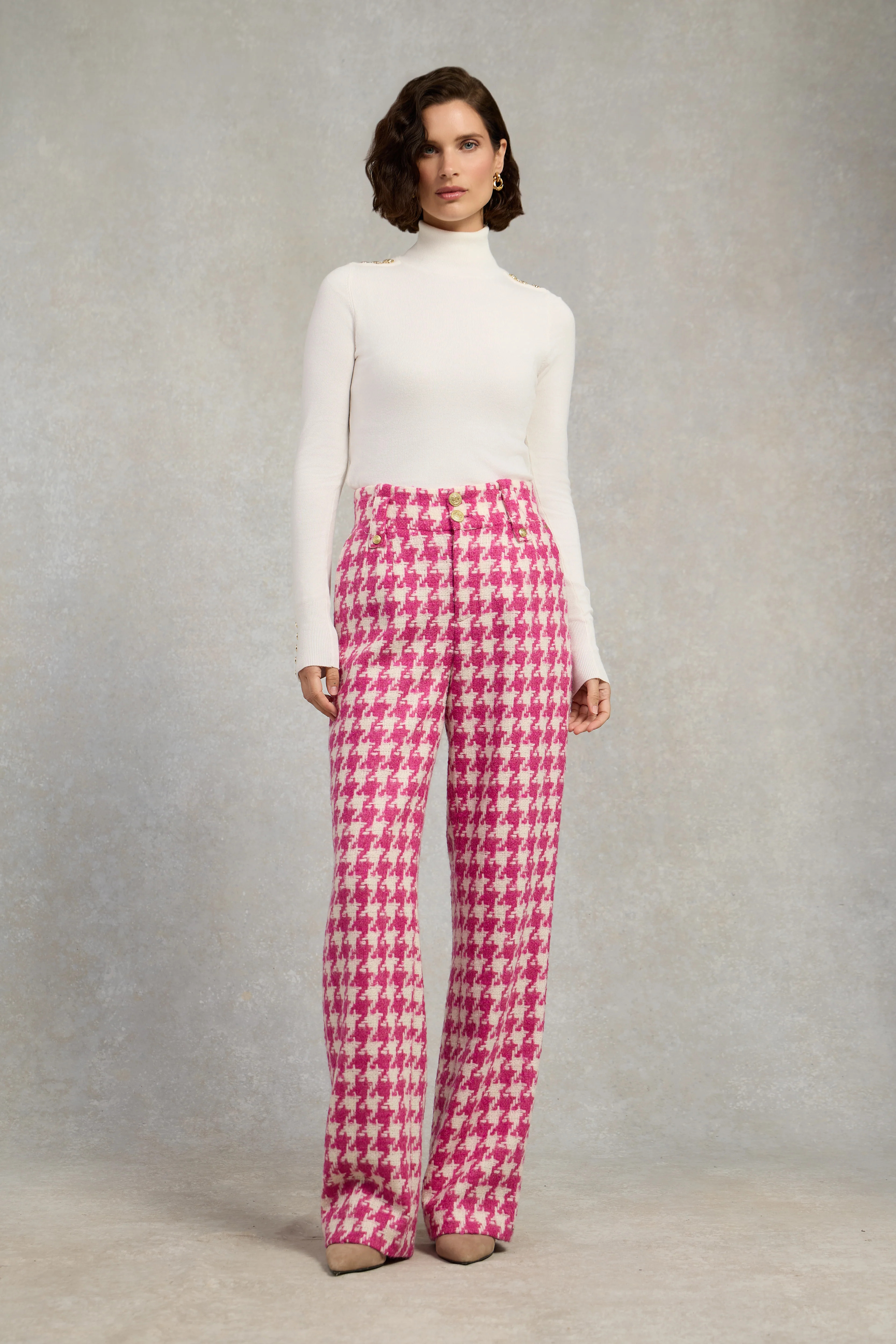 High Waisted Straight Trouser (Hot Pink Large Scale Houndstooth) | Holland Cooper