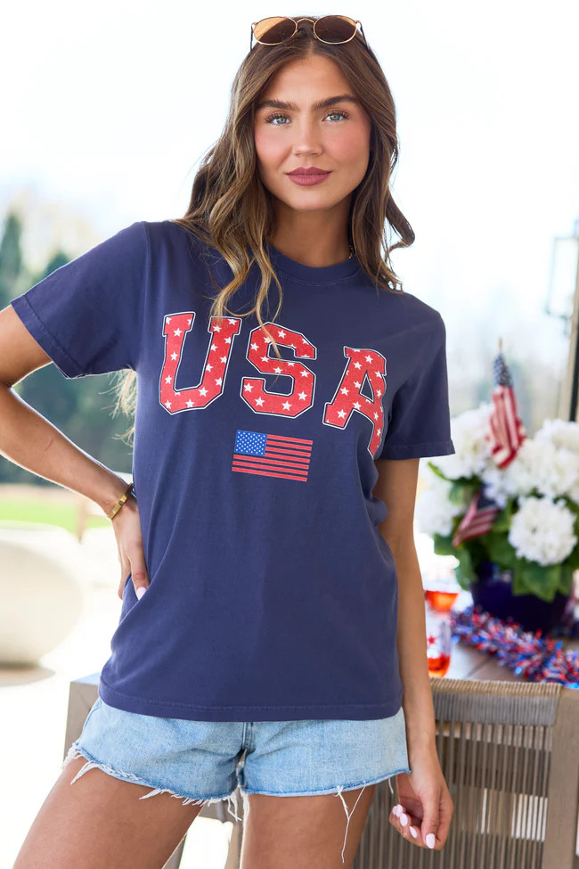 Athletic USA Flag Star Print Navy Graphic Tee | Pink Lily