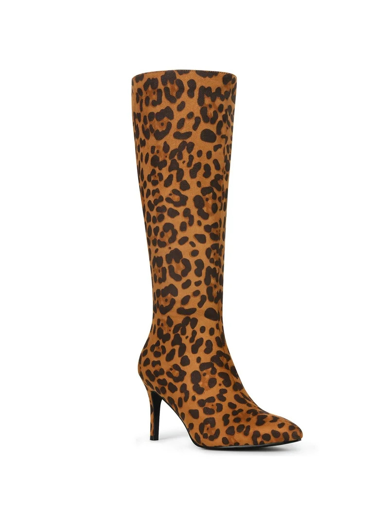 BLISSFUL STEP Women's Boots Faux Suede Knee High Stiletto Heel Pointed Toe Back Zipper Boots Leop... | Walmart (US)