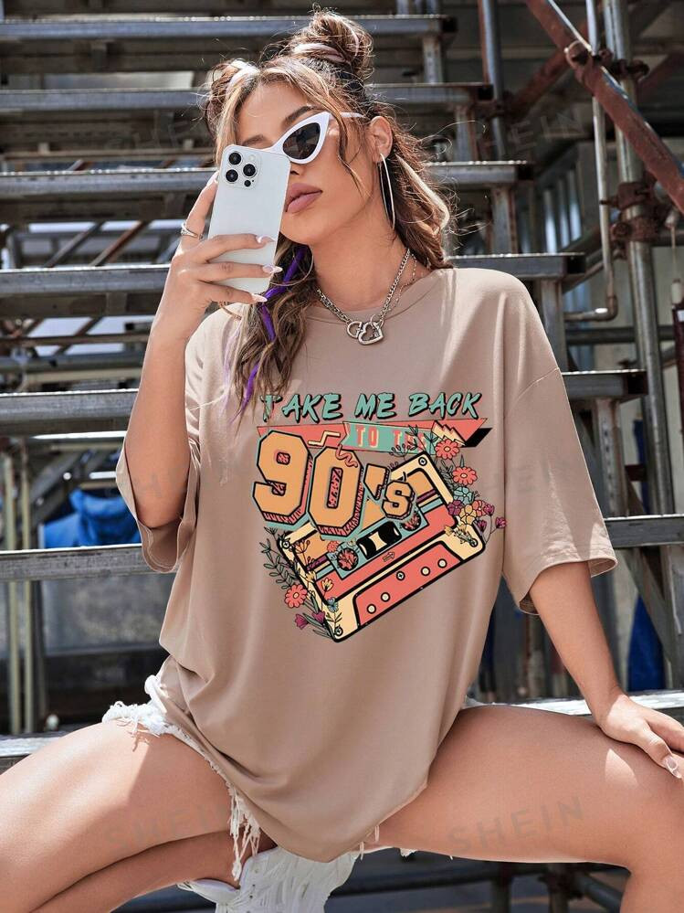 SHEIN EZwear Floral And Letter Graphic Drop Shoulder Tee | SHEIN