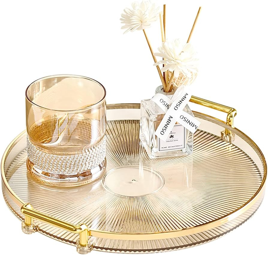 IWANGDS Round Serving Tray with Golden Handles and Golden Rim Border, Decorative Plastic Serving ... | Amazon (US)