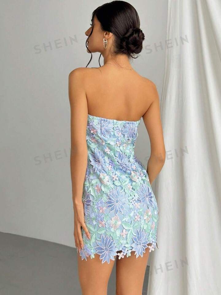 SHEIN Privé Romantic Strapless Embroidered Bodycon Mini Dress For Wedding Season And Date | SHEIN