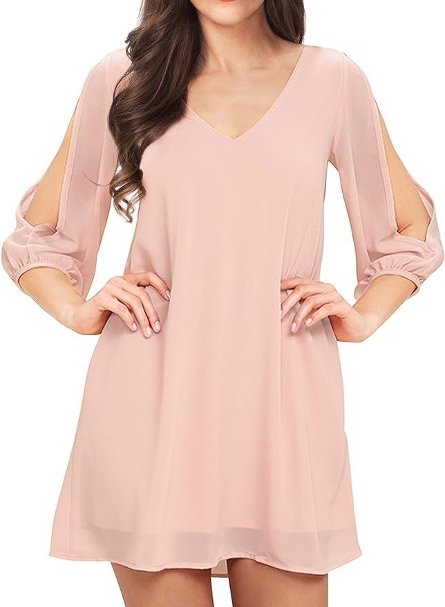 Noctflos Women's Casual 3/4 Sleeve V Neck Shift Dress Chiffon Short Party Dress | Amazon (US)