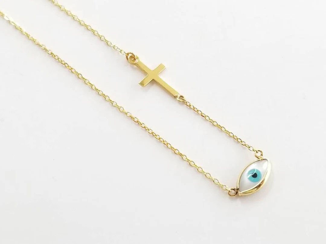 K14 Gold Evil Eye Necklace With Unique Off-center Cross - Etsy | Etsy (US)