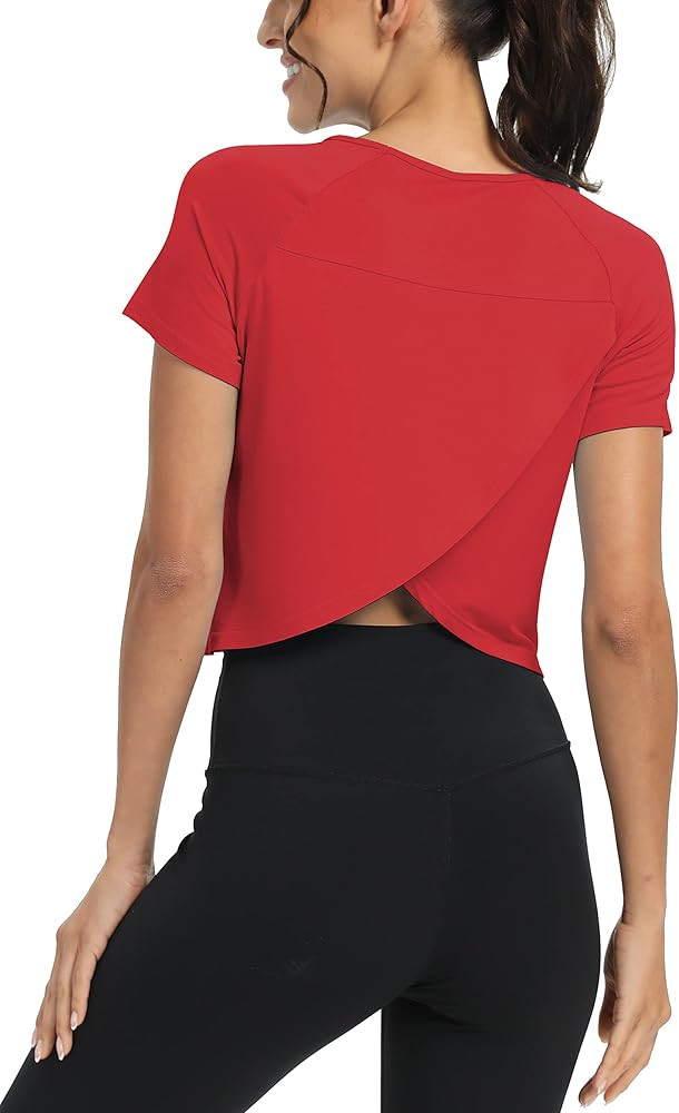 Mippo Workout Tops for Women Cropped Split Back Athletic Gym Exercise Shirts Loose Fit | Amazon (US)